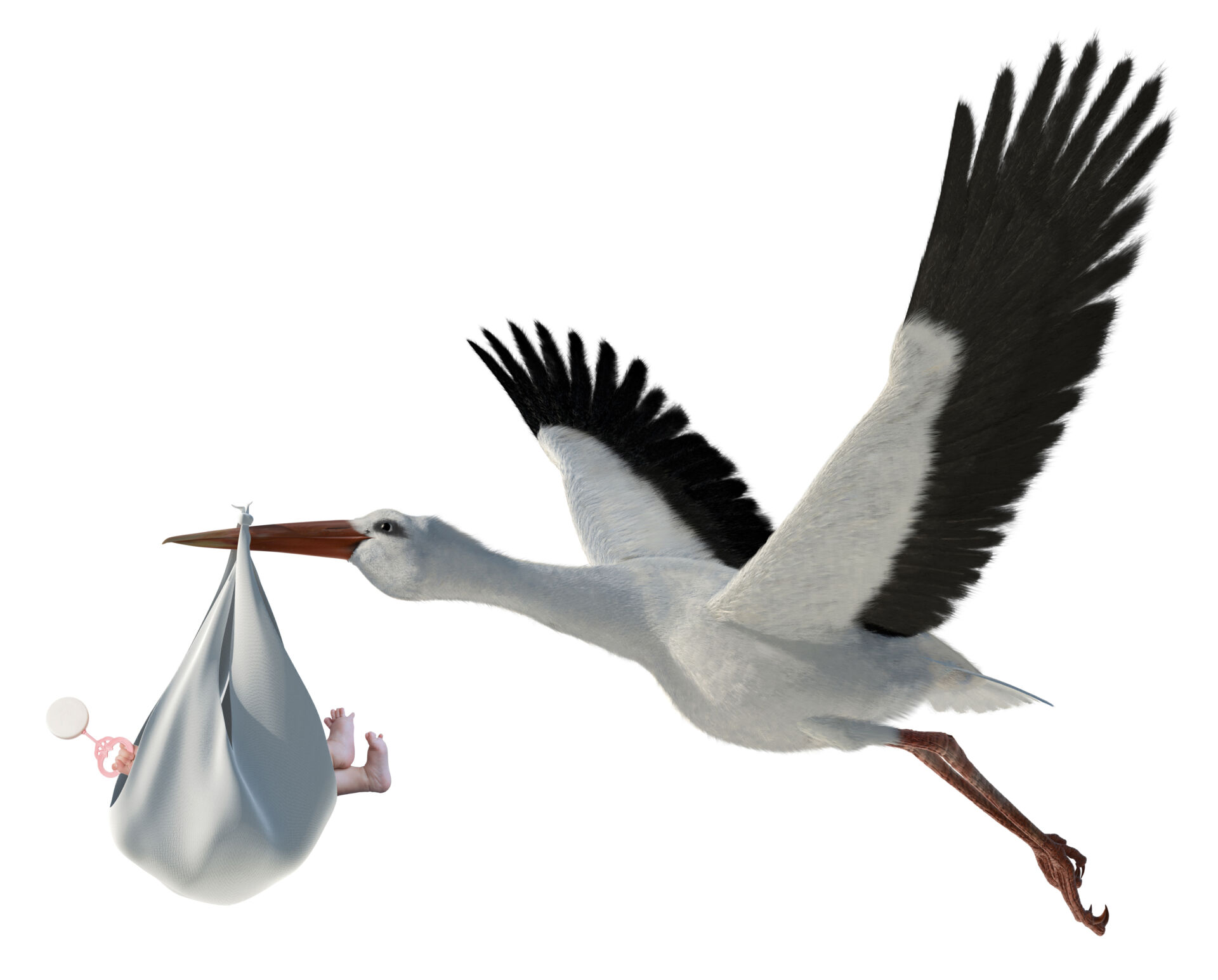 Classic depiction of a stork in flight delivering a newborn baby